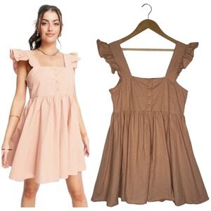 ASOS Dress Womens 4 Linen Fit Flare Mini Square Neck Ruffle Sleeve Cotton Peach